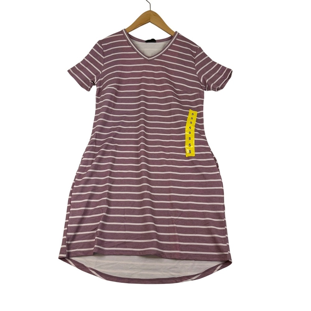 32 Degrees Cool Womens Striped V-Neck T-Shirt Dress Purple White Small NEW